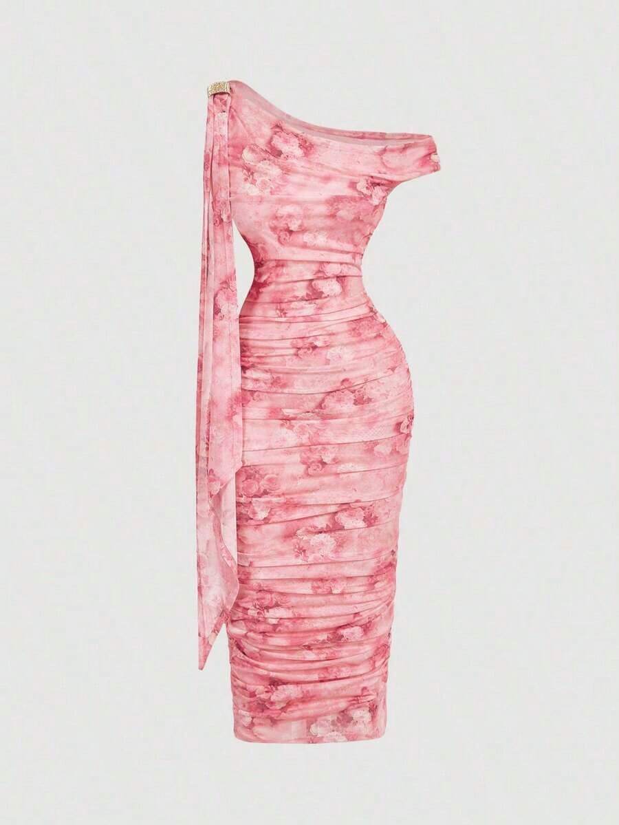 Vestido de longitud media con hombro asimétrico ajustado, fruncido y decoración de hebilla metálica para mujer - Rosa 2 - Ver 1
