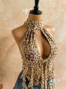 Blusa de mujer con encaje bordado, escote halter, espalda descubierta, tirantes con lazo, bajo fluido y elegante, adecuada para la playa, cruceros y resorts - Caqui - Ver 3