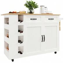 Kitchen Island, Kitchen Cabinet, Removable Serving Trolley With Wine Rack, Sideboard, Food Trolley With Wood Grain, Buffet Cabinet, White - White - View 10