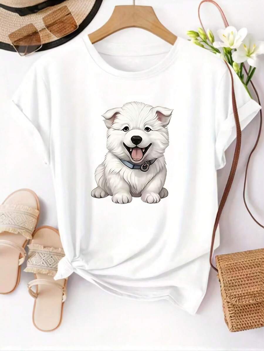Camiseta de mujer con estampado de cachorro, camiseta de manga corta, top de cuello redondo para mujer, camiseta casual, adecuada para uso diario en primavera/verano, ropa de mujer. - Blanco - Ver 1