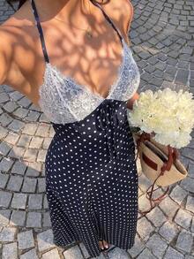 Vestido largo con estampado de lunares negros, encaje y parches, escote en V, cuello halter, espalda descubierta, cintura con lazo, para mujer, primavera/verano, elegante para vacaciones/citas/invitada de boda, uso diario minimalista - Azul marino - Ver 1