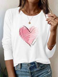 1 pieza  Camiseta de manga larga con estampado de corazón, camisetas gráficas para mujeres, tops para atuendo de primavera 180g 100% algodón, todos los patrones están impresos. Unisexo. - Blanco - Ver 7