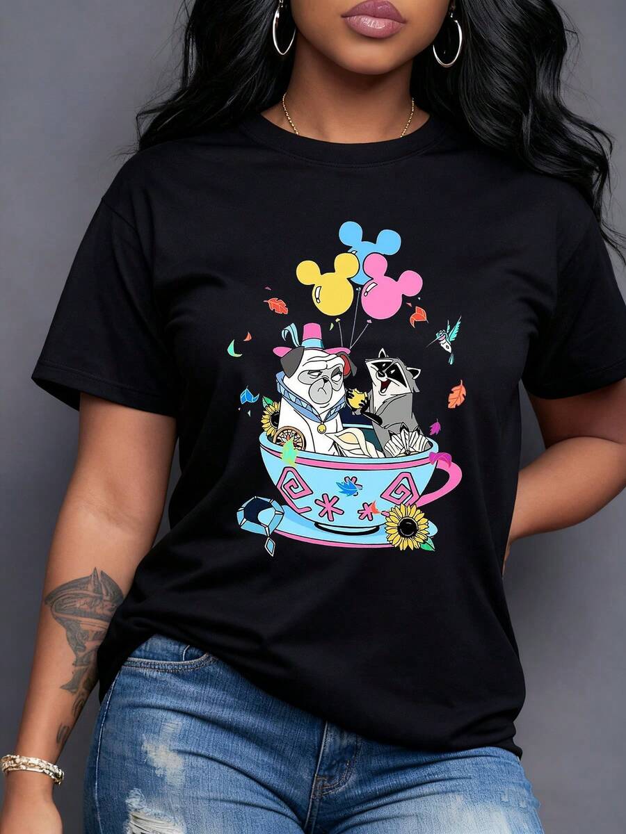 Colorful Mug With Cartoon Dogs Holding Face Balloons Surrounded By Flowers And Leaves Symbolizing Joy And Freedom. Modern Casual Women's T-Shirt - 黑色 - 查看 1
