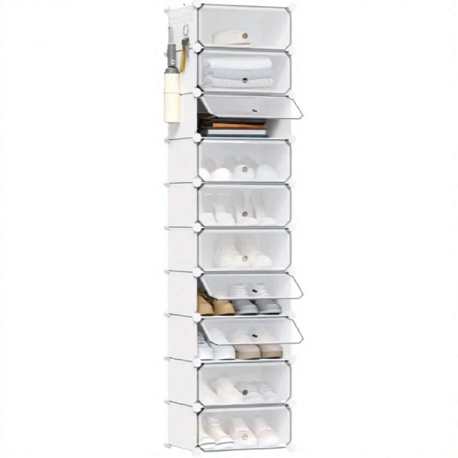 SR0052wtp - Platzsparender Schuhaufbewahrungs-Organizer Stapelbare Schuhbox für 20 Paare - Schuhschrank mitür & Haken - 40x30x170cm - Weiß - - Übersicht 1