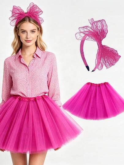 2Pcs D EXCEED 80s Tutu Costume Accessories For Women, Lace Bow Headband, Tutu Skirt, Perfect For 80s Retro Party, Cosplay, School Dance Performances And Party Supplies
