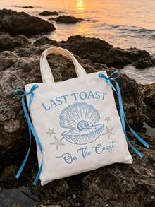 Last Toast Women's Handbag, On The Coast Reusable Beach Bag - Ocean Theme - Shell And Starfish Pattern, Casual Shoulder Tote Bag With Ribbon Bow, Suitable For Shopping, Travel, Carrying Books - Cute Summer Gift For Teachers, Doctors, Moms, Bridesmaids, Students, Bachelorette Party/Hen Party, Bridal Shower, Wedding Season, Graduation Season, Teacher's Day, Back To School Season - Multicolor - View 2