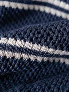 Boys' Casual Striped Hollow Collar POLO Shirt, Short Sleeve Thin Knit Cardigan Sweater, Suitable For School Daily Wear In Summer And Autumn - Navy Blue - View 7