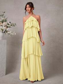 Vestido largo elegante y romántico de gasa con cuello de halter y volantes para invitados a una boda - Amarillo - Ver 1