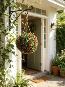 1 pieza Bola de topiario de hojas de eucalipto rojo artificial, bola de topiario de rosas rojas falsas, bola de flores artificiales adecuada para decoración interior/exterior de bodas, fiestas, hogar, jardín, balcón, porche, oficina en casa, decoración de pared, ventana y balcón - Multicolor-A - Ver 2