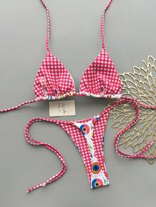 Bộ bikini gợi cảm buộc dây cổ, họa tiết kẻ caro và hoa dành cho nữ - Nhiều màu - Xem 3