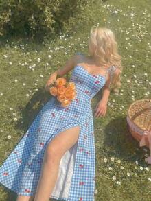 Vestido con abertura y lazo floral - Azul y blanco - Ver 3