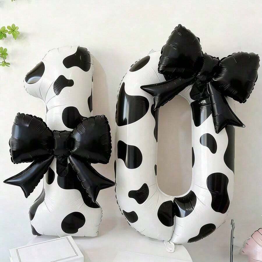40-Inch Cow Number & 21-Inch Black Bow Foil Balloons, Suitable For Wedding, Birthday, Anniversary, Graduation, Mother's Day, Farm Theme Party Decoration - Multicolor - View 1