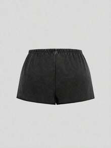 Pantalones cortos casuales sueltos de cintura elástica de unicolor para mujer - Negro - Ver 3