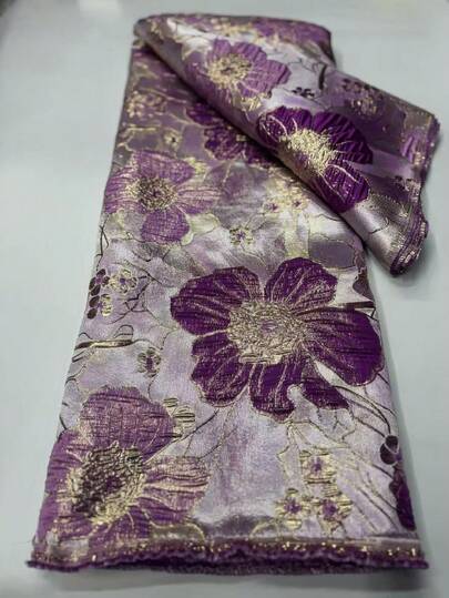 1 Yard/5 Yards High Quality Nigerian French Purple With Gold Floral Embroidery Lace Jacquard Fabric 2026 New Luxury African Shiny Foil Printed Satin Trim Fabric, Suitable For Making Party Evening Gowns, Holiday Wedding Dresses, Home Khaki Women's Tailoring Dresses, Clothing, Handicrafts, Sewing Fabric, Cut By Yard, Blue, Brown, Green, Pink, Purple, Orange, Home Room Decor Fabric