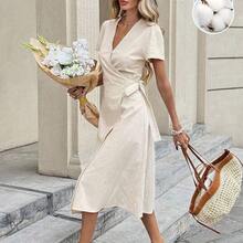 Women's Summer Vacation Casual 100% Cotton Solid Color Tie-Wrap Urplice Neck Tie Side Wrap Mid-Length Dress,For Women Vacation Outfits Woman Beach Outfits For Woman Dresses For Women Elegant Sundress Business Casual Woman,Casual Dresses For Women Summer Vacation Outfits Wedding Guest Dress For Women Carnival Dress ,Summer Dress,Summer Dresses For Women - Albaricoque - Ver 6