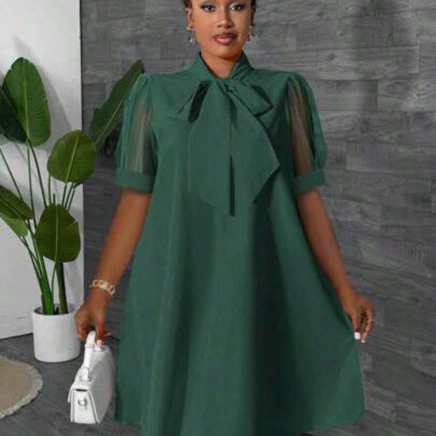 Maweii Plus Size Women Loose Mesh Patchwork Bow Design Vacation Dress, Spring/Summer Orange - Verde Oscuro - Ver 1