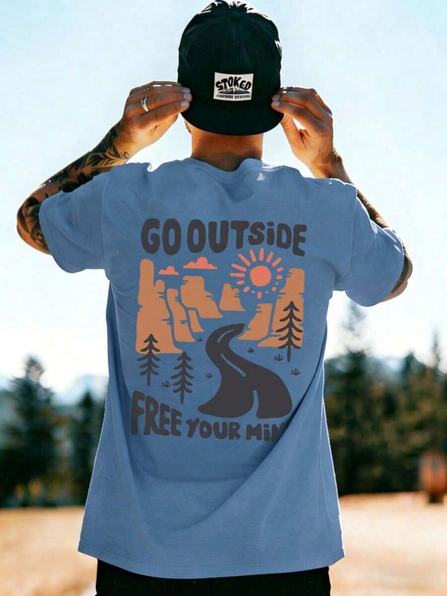 Men's Casual Retro Short-Sleeved T-Shirt With Beach And Surf Print, Comfortable And Breathable, Suitable For Summer, Fashionable Standout - 藍色 - 查看 1