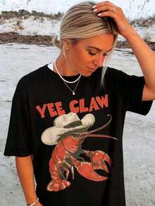 Lindas camisetas unisex casuales de primera calidad, camisetas gráficas, camiseta de langosta estilo cowboy, camiseta divertida de langosta, top de playa estilo western, camiseta de verano estilo Amalfi Trip Tomato Girl, top casual de manga corta de talla grande para mujer, camiseta holgada con estampados de moda para todas las estaciones, para amigas y familiares, para fiestas, vacaciones, Acción de Gracias, Halloween, Día de San Valentín, uso diario, unisex, 100% algodón, camisetas de algodón, tops de verano para mujer, atuendos diarios para mujer, camisetas lindas. - Negro - Ver 1