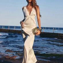 Solid Color V-Neck Off-Shoulder Elegant Dress For Women, Suitable For Spring/Summer Vacation - Blanco - Ver 3