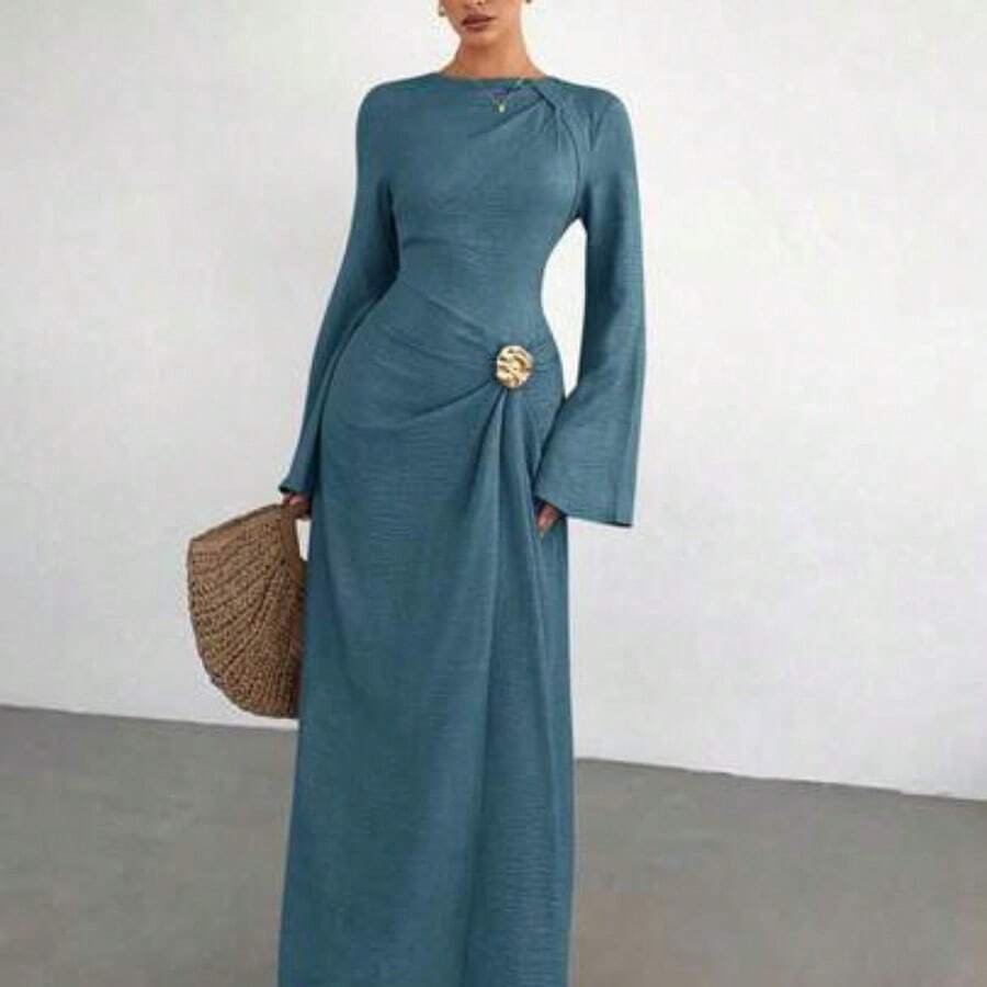 Women's Solid Color Twist Detail Front Metal Buckle Decor Flare Long Sleeve Dress, Ladies' Wedding Guest Dress, Women's Winter Formal Dress - Azul - Ver 1