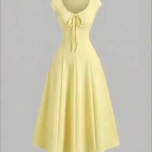 Sweetro Solid Color Waist Tie Fitted Knit Maxi Dress, European And American Style - Amarillo - Ver 1
