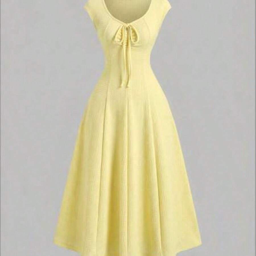 Sweetro Solid Color Waist Tie Fitted Knit Maxi Dress, European And American Style - Amarillo - Ver 1