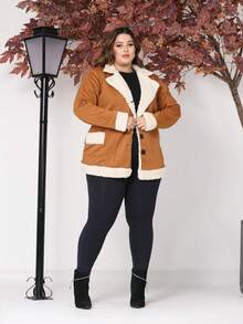 Women's Plus Size Coat With Button, Plush, Thick, Long Sleeves, Winter - Camel - Ver 2