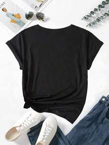 1 pieza de moda casual para hombres y mujeres. Camiseta casual con estampado de luna y flores para mujer. Versátil, fácil de combinar, adecuada para el uso diario, estilo urbano, conjuntos de vacaciones, conjuntos de fin de semana. - Negro - Ver 2