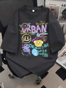 Women's% Cotton-shirtCamiseta de manga corta suave con estampado urbano de graffiti para adolescentes, top de estilo casual de calle para el veranoLightweight, breathable, summer best-seller - Negro - Ver 10
