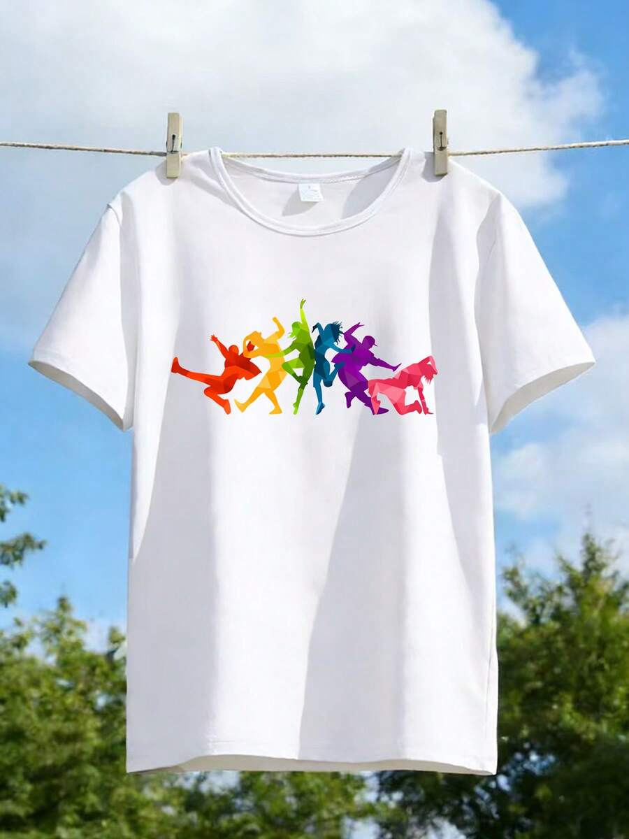 A Women's Crew Neck T-Shirt With A Vibrant Geometric Ballerina Design And A Rainbow Gradient. This Casual Tee Is Perfect For Everyday Wear. It's A Stylish And Fun Outfit, Suitable For Outdoor Activities And Couples' Outfits. - 白色 - 查看 1