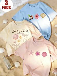 camisetas de mujer con estilo Prenda individual, no un conjunto de 3 piezas, 1 piezas/set de camisetas de manga suitable for streetwear, Top oversized cuello redondo daily outings, camping, concerts, hip-hop, rock, and rap events, estampado de conchas y estrellas de mar de cuello redondo y manga corta, conjunto de vestir casual de vacaciones de verano - Negro - Ver 8
