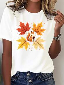 Camiseta de Mujer Cómoda y Pura con Ara y Hojas de Arce de Otoño - Blanco - Ver 2