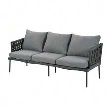 Garden Lounger Set, Garden Furniture Set With Comfortable Cushions, 3-Seater Sofa, 2 Armchairs And Coffee Table, For Outdoor Use, Glass Tabletop, Braided Rope Armrests, Galvanized Steel, Grey - Xám - Xem 8
