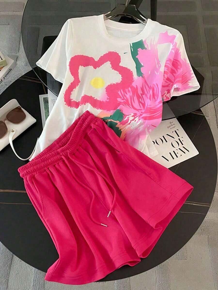 Conjunto informal de 2 piezas de mujer con estampado digital de rayas, cuello redondo y mangas cortas, regalo para amigos - Blanco - Ver 1