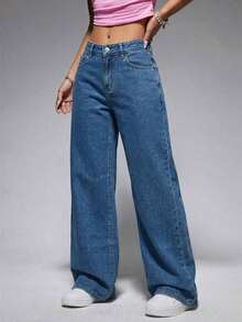 ICON Solid Color Wide Leg Pocket Jeans, Casual And Versatile - 深藍色 2 - 查看 7