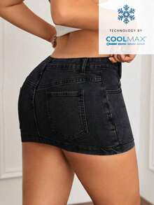Minifalda de mezclilla ajustada y de tiro bajo lavada, con estilo callejero sexy para el verano - Negro 3 - Ver 2