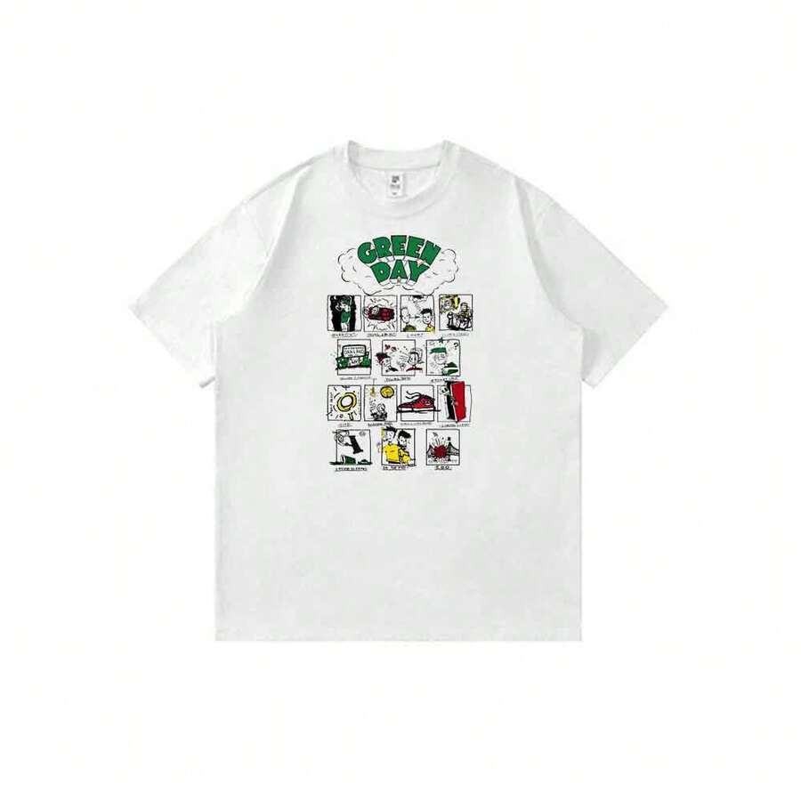 Camiseta unisex de estilo retro con estampado de dibujos animados de anime y estilo casual de verano, con diseño de álbum Dookie de Greens-Day. - Blanco - Ver 1