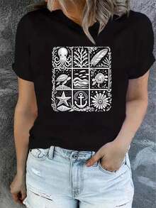 1 camiseta de verano para mujer de manga corta con estampado, moderna y casual, lavable a máquina, ajuste cómodo, estampado plano 2D, 180g, 100% algodón. - Negro_04 - Ver 10