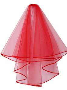 1pc Minimalist Double-Layer Satin Edged Solid Red Bridal Wedding Veil, Suitable For Wedding Wear, Also Can Be Used As Valentine's Day Accessory - View 3