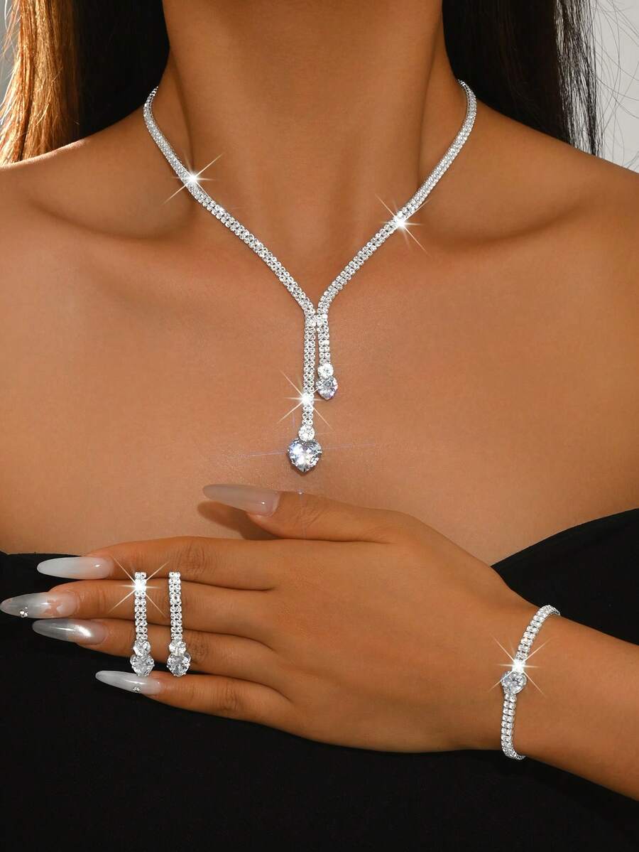 Luxuriöses Schmuckset mit Strass-Herz in Silber, bestehend aus Halskette, Ohrringen und Armband, 3 Teile. Geeignet für Hochzeit, Party, Ball, elegantes Geschenk - 1820 Silver-HB - Übersicht 1