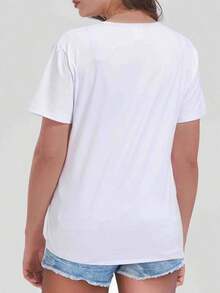 1 pieza de camiseta con estampado de tarta de calabaza de Halloween y letras, top casual de manga corta con cuello redondo, adecuada para primavera y verano, ropa de mujer, 180g 100% algodón. - Negro - Ver 7