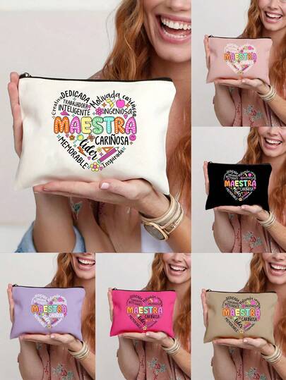 Bolsa de cosméticos con estampado de letra Maestra para la mejor maestra, bolsa de cosméticos multifuncional de gran capacidad para clips, diademas, almacenamiento de cojín de aire rojo, bolsa de almacenamiento portátil, bolsa de maquillaje, bolsa de cuidado de la piel, artículos esenciales de viaje, suministros de dormitorio, almacenamiento de baño, almacenamiento de joyas, bolsa de almacenamiento de aceite labial y cosméticos, bolsa de útiles escolares con cremallera, bolsa de cosméticos de viaje, adecuada para vacaciones, playa, baño, dormitorio, etc., regalo del Día de la Madre