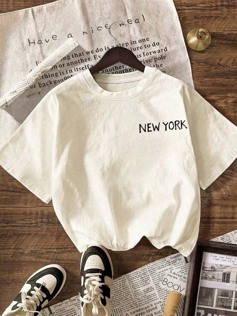 3pcs Camiseta gráfica de la ciudad de Nueva York, camiseta casual de mujer de cuello redondo y manga corta, conjunto de vacaciones de verano,Soft Fabric, Loose Design, Round Neck, Short Sleeves, Springsummer, Daily Wear - Albaricoque - Ver 1