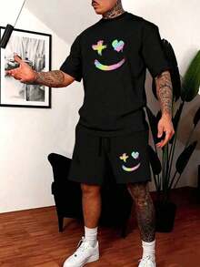 2pcs Men's Summer Short Sleeve T-Shirt & Shorts Set, Halloween Graphic Print Casual Outfit With Pockets & Drawstring Waist, Great Gift For Husband Or Boyfriend - Black Set - 查看 3
