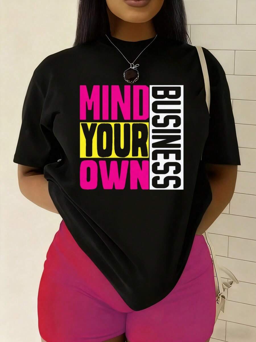 Camiseta de talla grande para mujer con el divertido eslogan "Mind Your Own Business" - Estilo Y2K, manga corta, cuello redondo, con estampado llamativo, regalo casual y humorístico adecuado para uso diario, conjuntos de primavera/verano y esencial para un guardarropa sarcástico. - Negro - Ver 1
