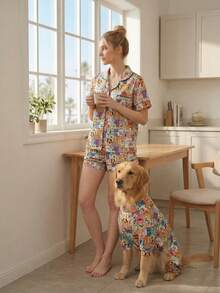 Matching Dog And Onwer Summer Shedding Hair Control Pajamas - Breathable High Stretch Full Coverage Pet Rompers, Summer Anti Licking & Bug Protective Jumpsuit For Medium Large Dogs, All Over Printing Dog Clothes - Cute Cartoon Colorful Dog Pattern - Multicolor - View 1