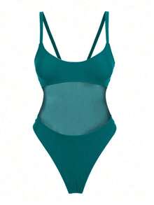Traje de baño de una sola pieza para mujer con diseño de unicolor, tirantes, parches de malla, sexy y con recortes, estilo bohemio para festivales - Verde Oscuro - Ver 3