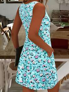 Floral Print Elegant Casual Cute Party Knit Fabric Comfortable Short Dress, Suitable For Beach, Resort, Party, Daily Wear, Summer Vacation - Mint Blue - View 3