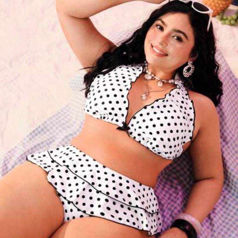 Swim Mod Plus Size Women 2pcs Black Polka Dot Print Halter Tie Sexy Beach Vacation Bikini Swimsuit - Multicolor - Ver 1
