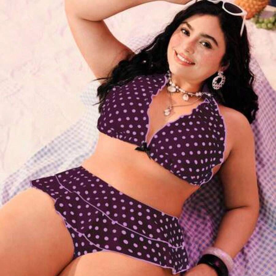Swim Mod Plus Size Women 2pcs Black Polka Dot Print Halter Tie Sexy Beach Vacation Bikini Swimsuit - Morado - Ver 1